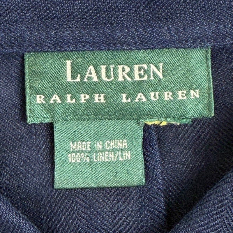 Lauren Ralph Lauren Linen Button Front Shirt Navy Blue Coastal Preppy Summer
