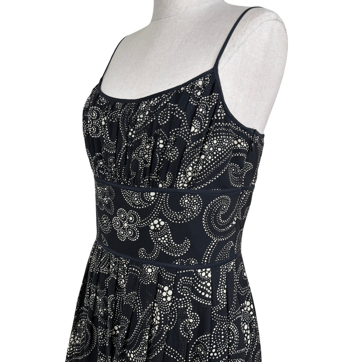 Ann Taylor 100% Silk Paisley Midi Dress Fit & Flare Black Cream Sz 8 Summer Fall