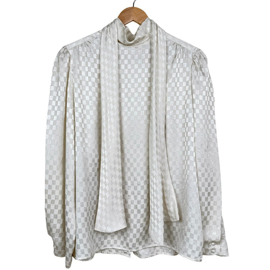 Vintage 80s Jack Winter Checkered Jacquard Tie Neck Blouse Ivory Romantic 14