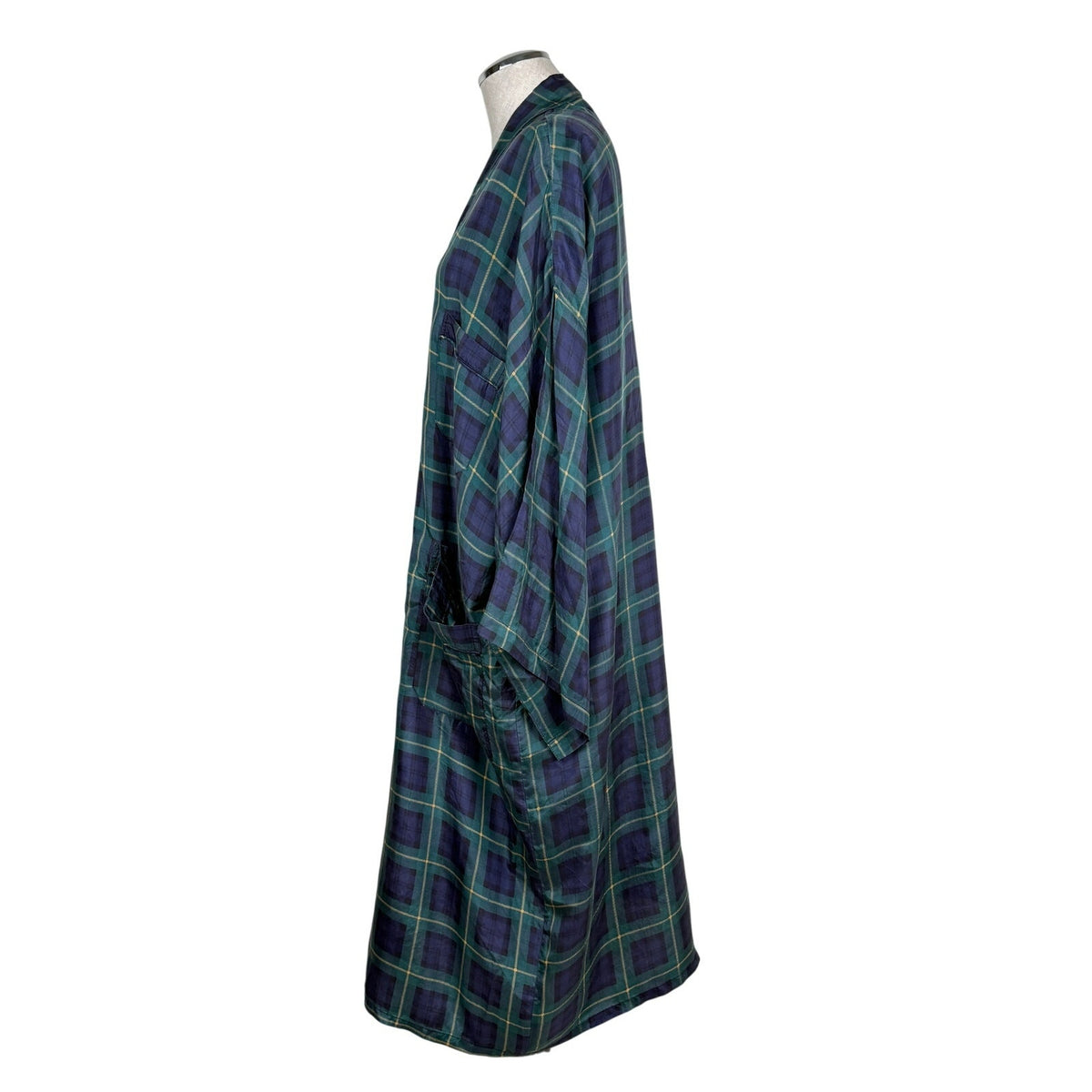 Vintage 100% Silk Tartan Plaid Kimono Robe Green Blue One Size 90s Sleepwear