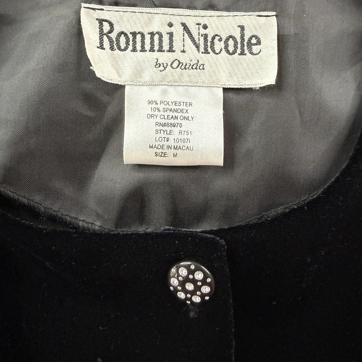 Ronni Nicole Black Velvet Rhinestone Button Jacket