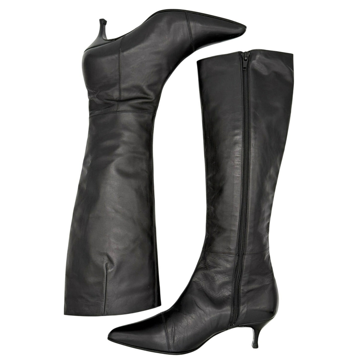 Rena Lange Knee High Boots Leather Pointed Toe Size 6.5 Black Made in Italy