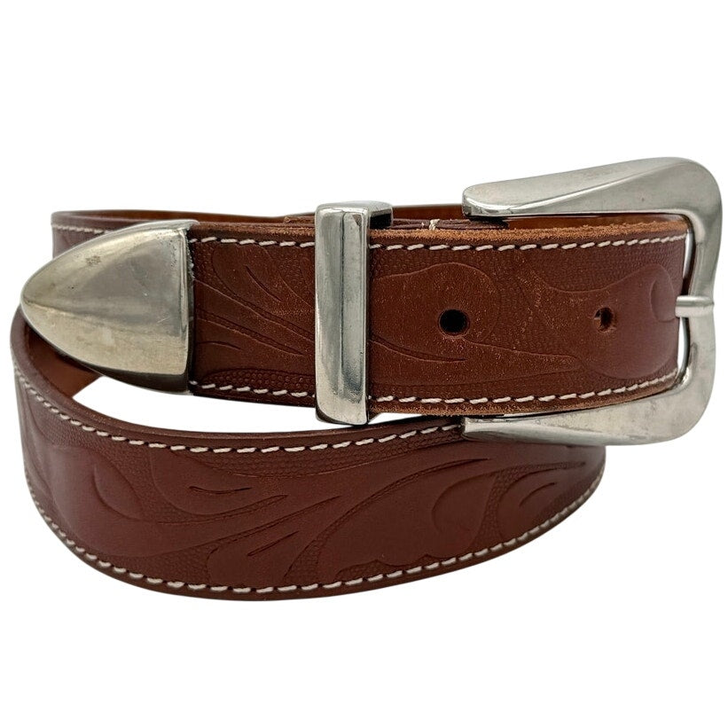 Milor Tooled Leather Belt Brown Size S Western Silver Hardware