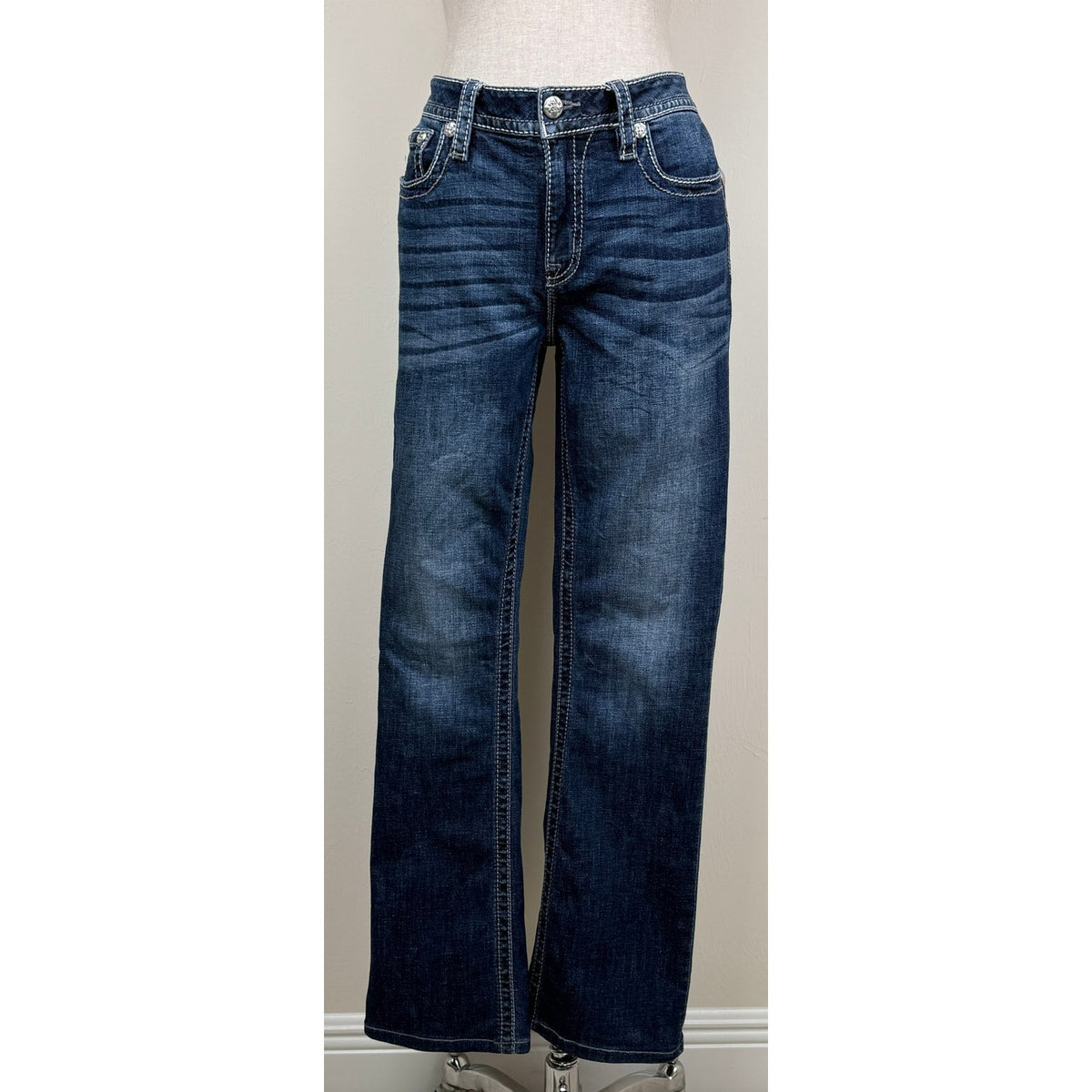 Miss Me Mid Rise Bootcut Jeans 30 Cross Rhinestone Embroidered Y2K Bling Western