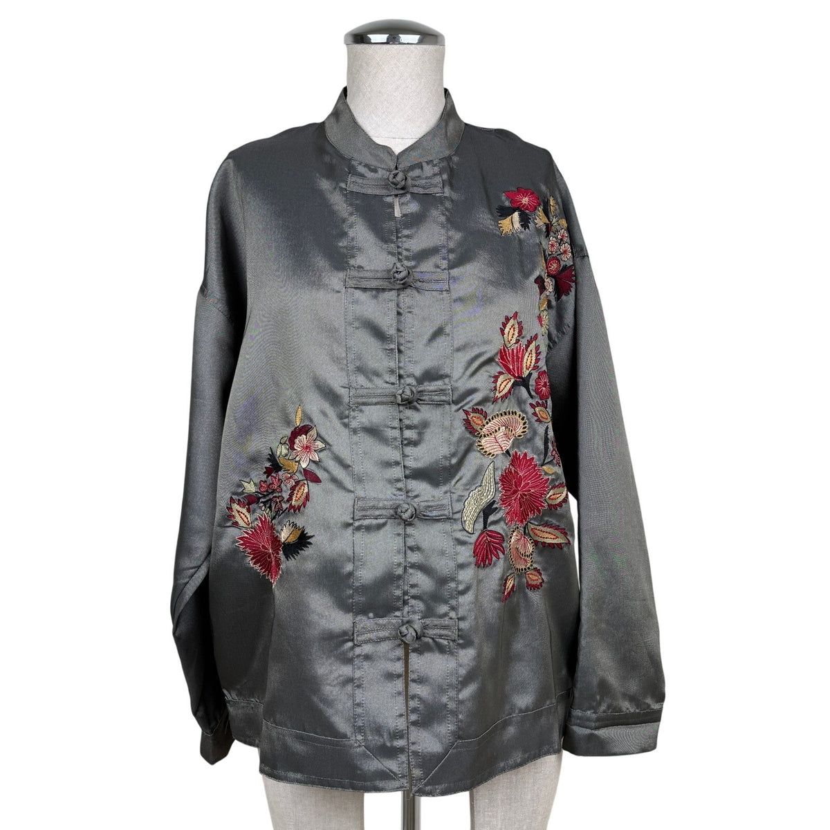 Vintage Chico's Design Embroidered Asian Inspired Jacket Gray Mandarin Collar