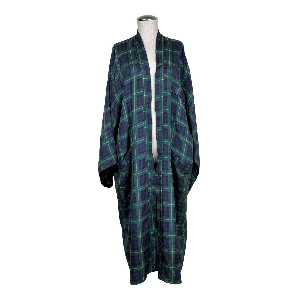 Vintage 100% Silk Tartan Plaid Kimono Robe Green Blue One Size 90s Sleepwear
