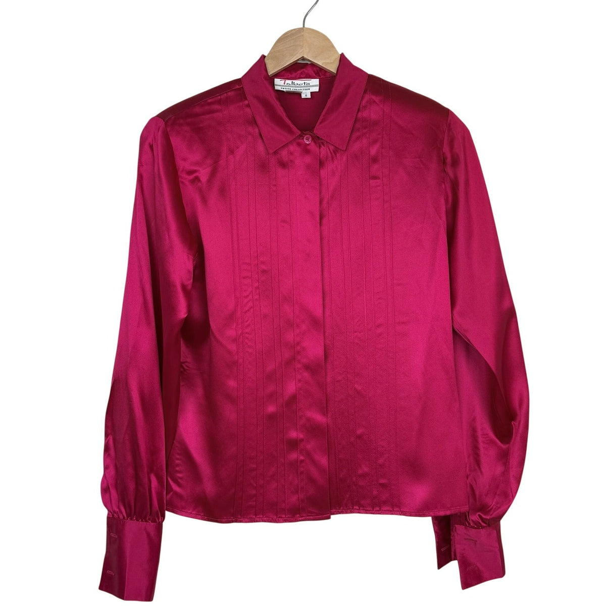 Talbots Vintage Silk Blouse Pink Satin Pintuck Button Down Petite 6 1980s