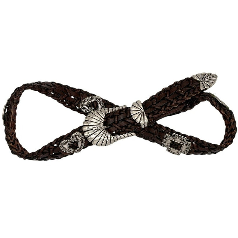 Vintage Brown Braided Leather Concho Style Belt Silver Western Boho Size M