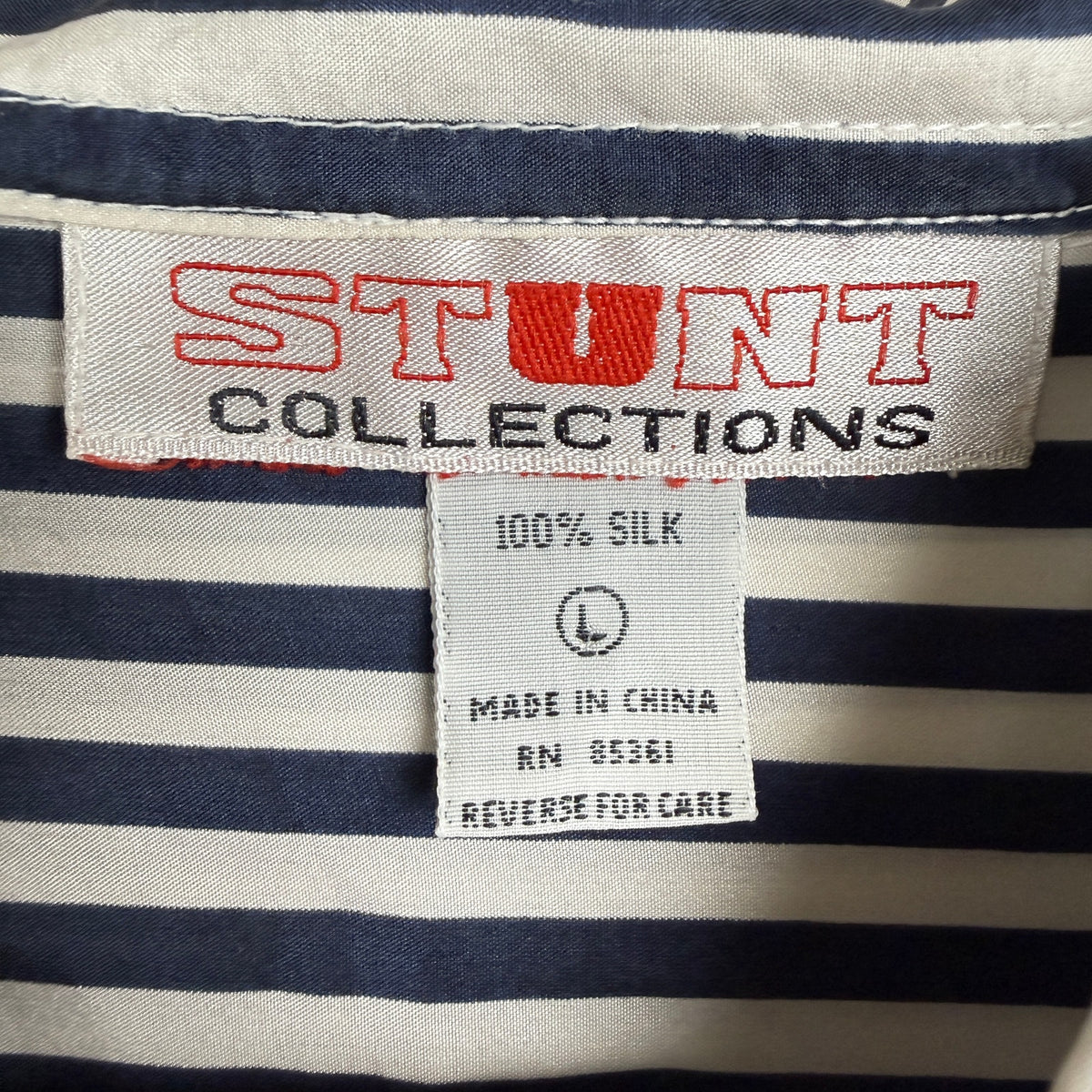 Vintage Stunt Collections 100% Silk Shirt L Navy Blue White Stripe Oversized 90s