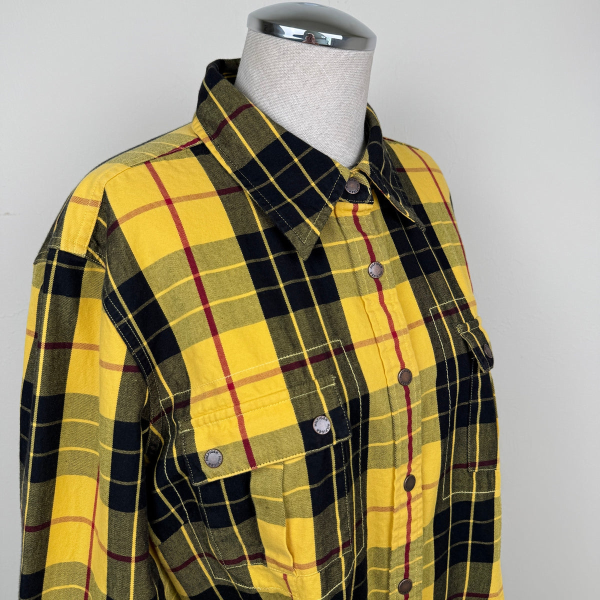 Tommy Hilfiger Jeans Yellow Black Plaid Cotton Shirt Utility Y2K Streetwear Vtg