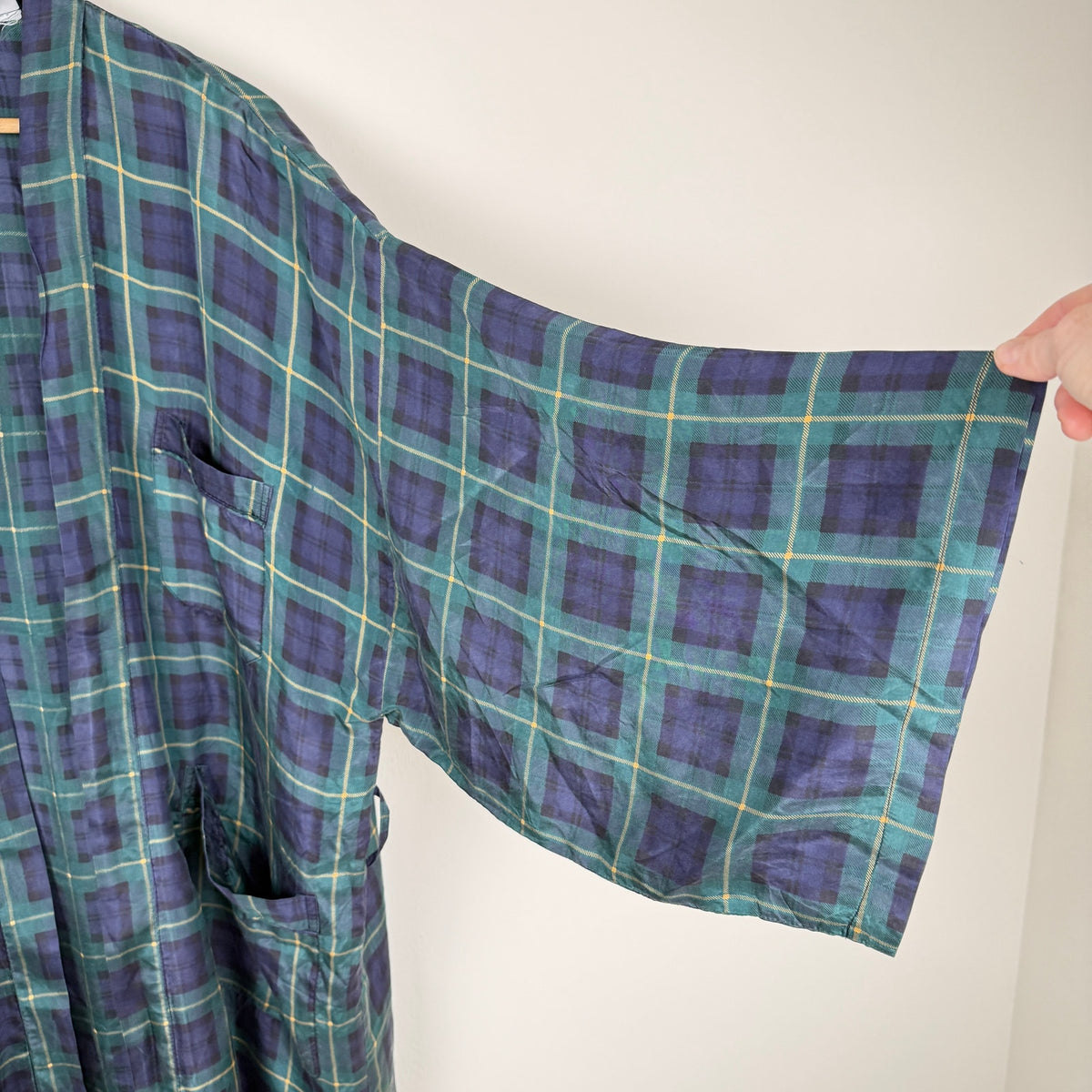 Vintage 100% Silk Tartan Plaid Kimono Robe Green Blue One Size 90s Sleepwear