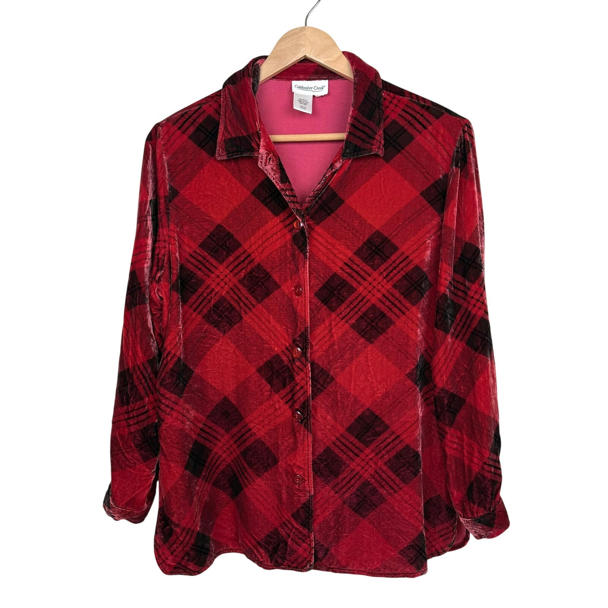 Vintage Coldwater Creek Velvet Plaid Shirt Rayon Silk Blend Size 0 Red Black 90s