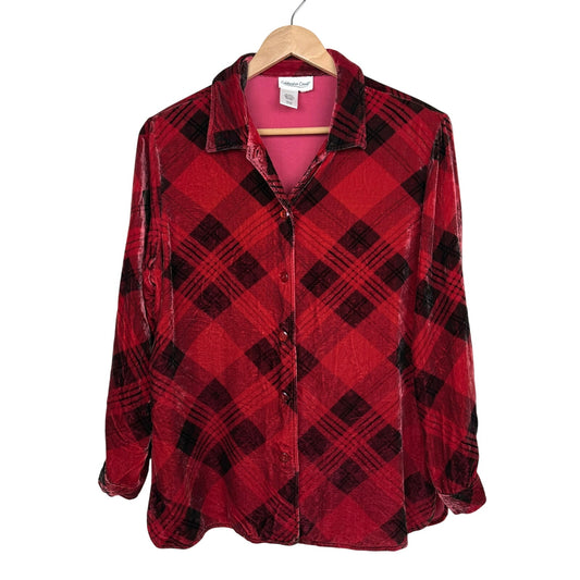 Vintage Coldwater Creek Velvet Plaid Shirt Rayon Silk Blend Size 0 Red Black 90s