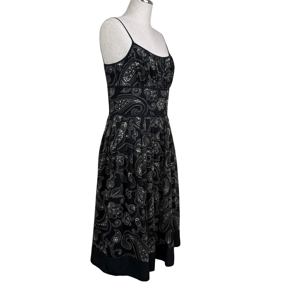 Ann Taylor 100% Silk Paisley Midi Dress Fit & Flare Black Cream Sz 8 Summer Fall