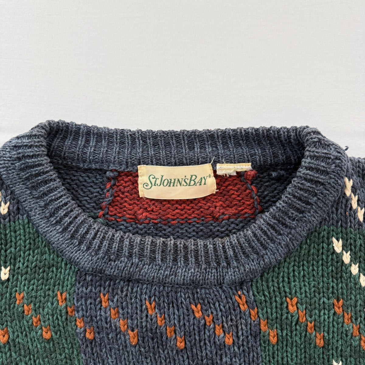 Vintage St Johns Bay Sweater Cotton Blend Geometric Crewneck 90s Preppy Mens M
