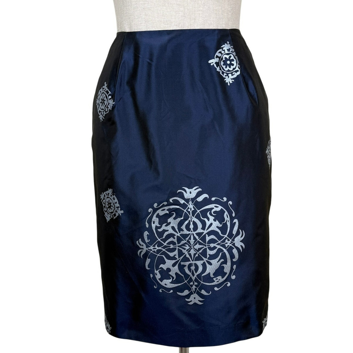 Vintage 90s TAPP New York Silk Taffeta Pencil Skirt Metallic Print USA Made Sz 6