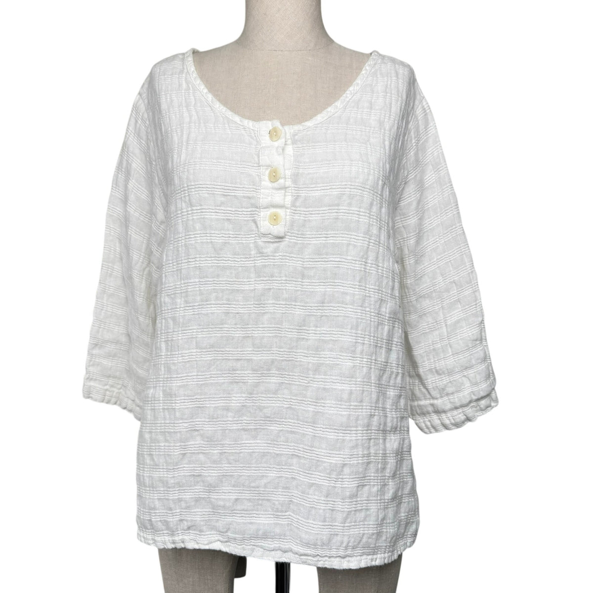 FLAX 100% Linen White Textured Flowy Tunic Top Medium Boho Coastal