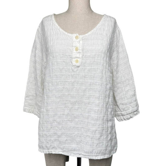 FLAX 100% Linen White Textured Flowy Tunic Top Medium Boho Coastal