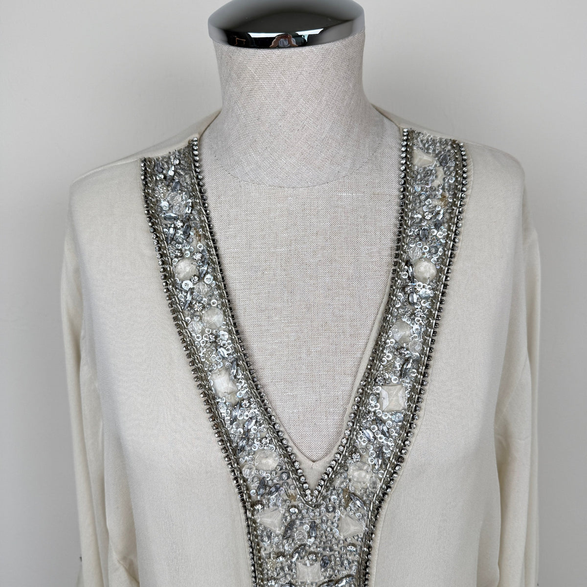 Vintage Y2K Alice + Olivia 100% Silk Beaded Tunic Blouse Ivory Sheer Glam Boho