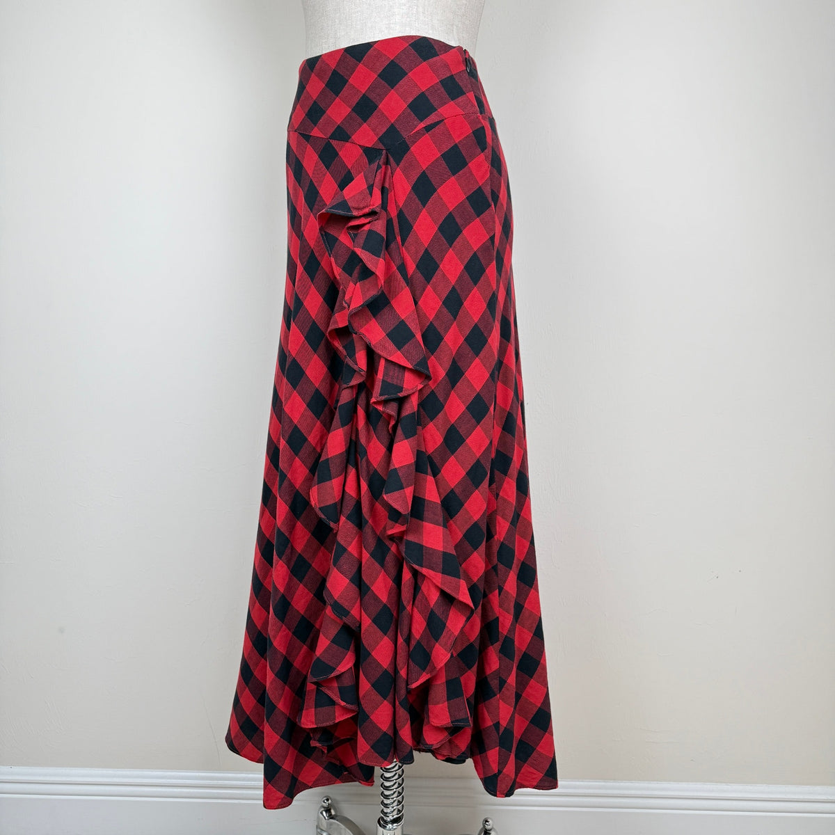 Lauren Ralph Lauren Buffalo Plaid Ruffle Maxi Skirt Cotton Western Romantic Sz 2