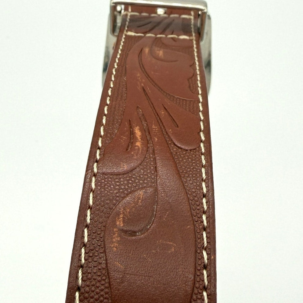 Milor Tooled Leather Belt Brown Size S Western Silver Hardware