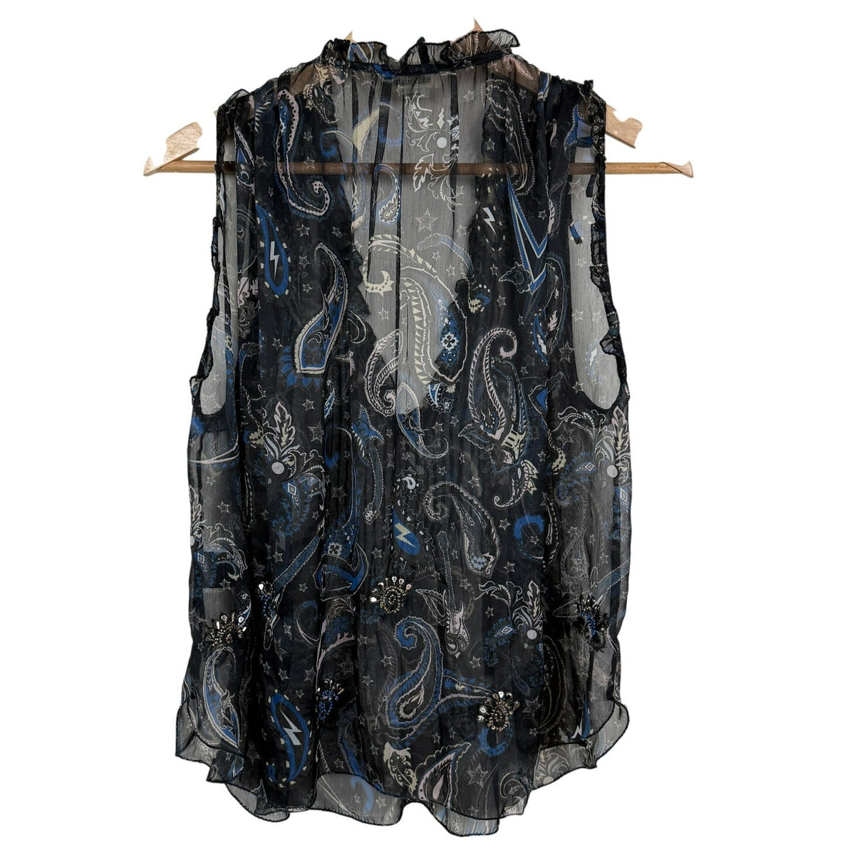 Zadig & Voltaire Paisley Sheer Sleeveless Blouse Rocker Boho Paisley Black Sz L