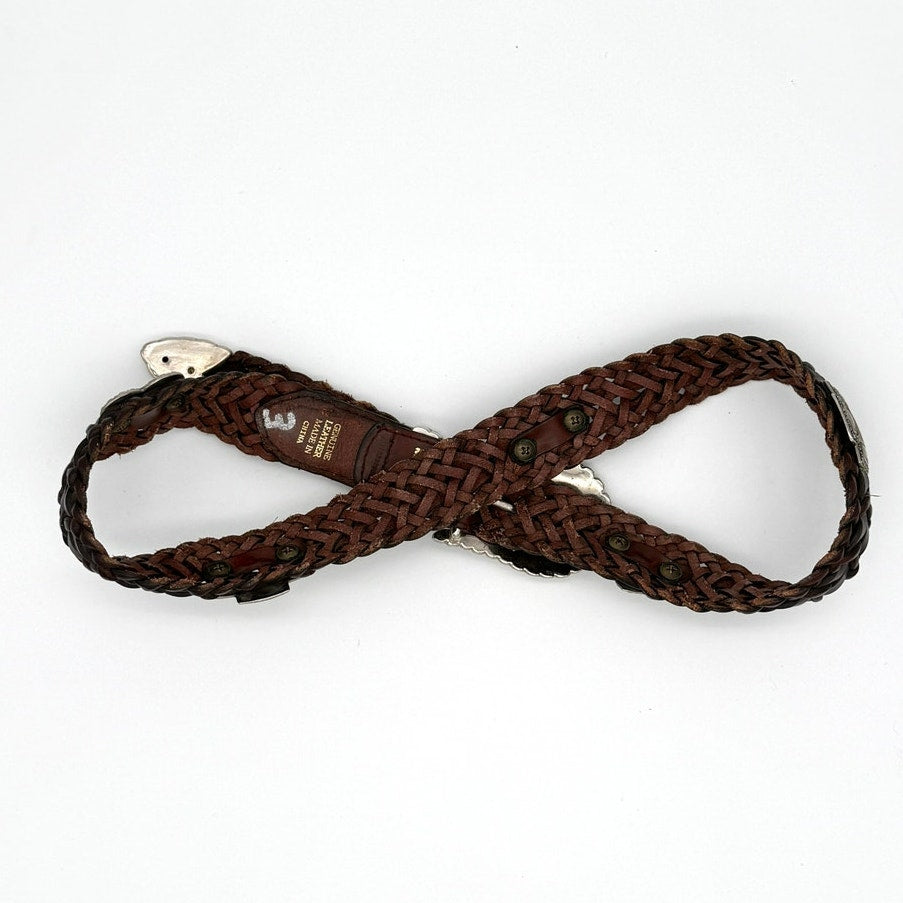Vintage Brown Braided Leather Concho Style Belt Silver Western Boho Size M