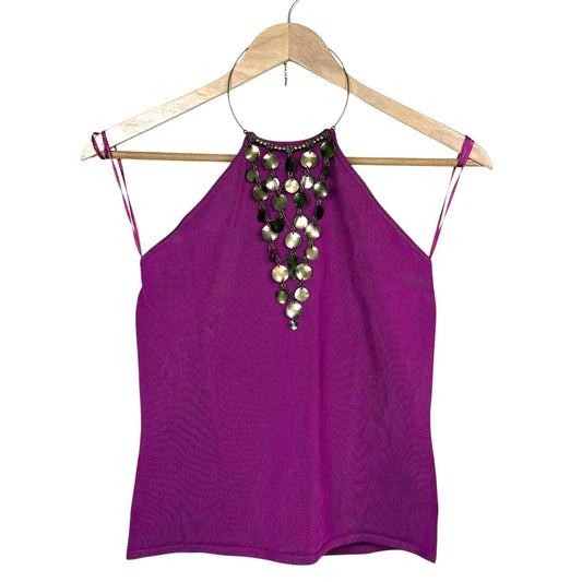 Ralph Lauren Glam Halter Top Metal Disc Embellished Vintage Y2K Fuchsia Size L