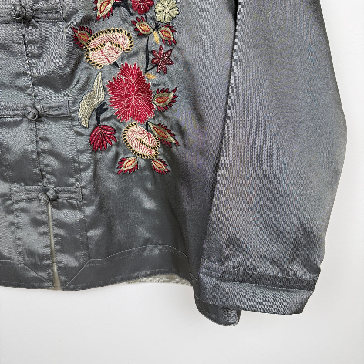 Vintage Chico's Design Embroidered Asian Inspired Jacket Gray Mandarin Collar
