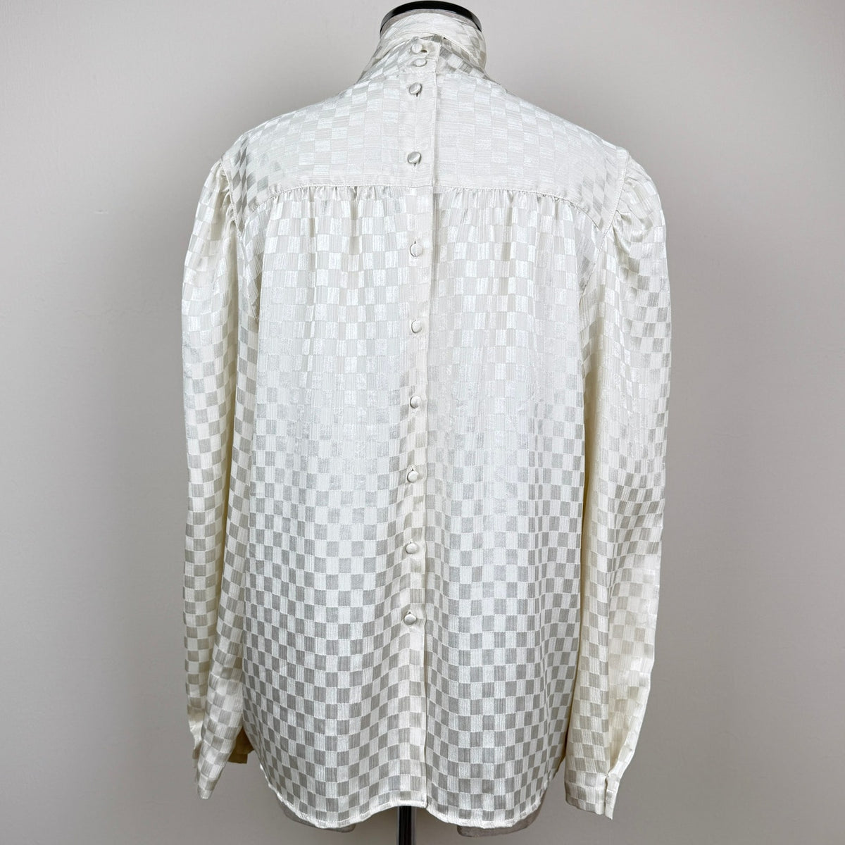 Vintage 80s Jack Winter Checkered Jacquard Tie Neck Blouse Ivory Romantic 14