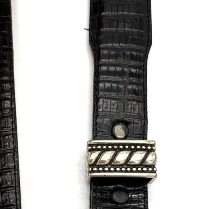 Vintage 90s Onyx Croc Embossed Western Leather Belt Black Silver Tone Size 32