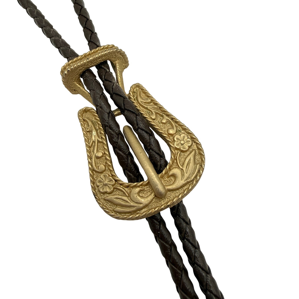 Vintage Western Buckle-Shaped Bolo Tie Brown Braided Leather Embossed Floral