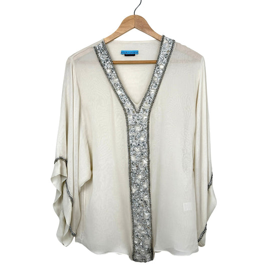 Vintage Y2K Alice + Olivia 100% Silk Beaded Tunic Blouse Ivory Sheer Glam Boho