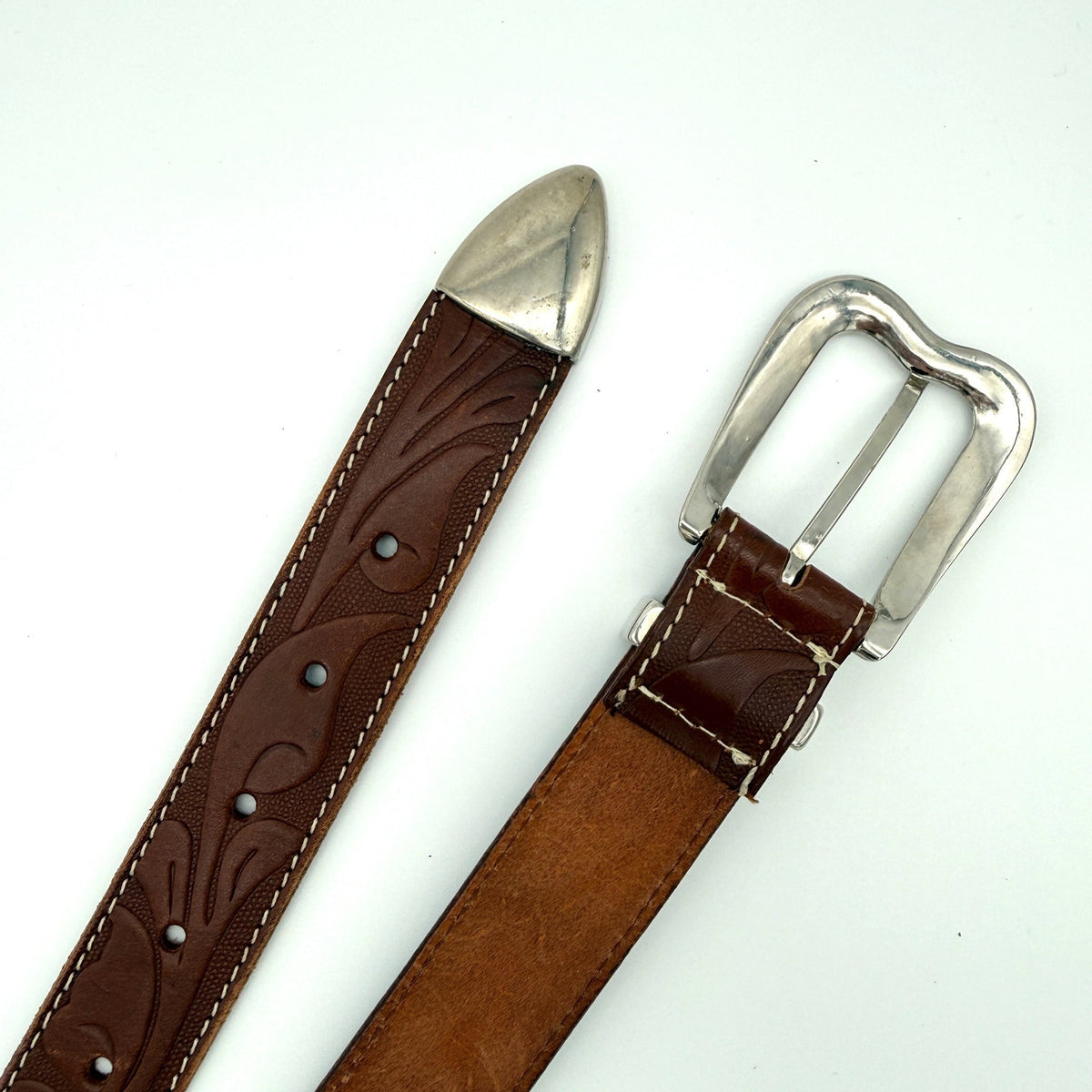 Milor Tooled Leather Belt Brown Size S Western Silver Hardware