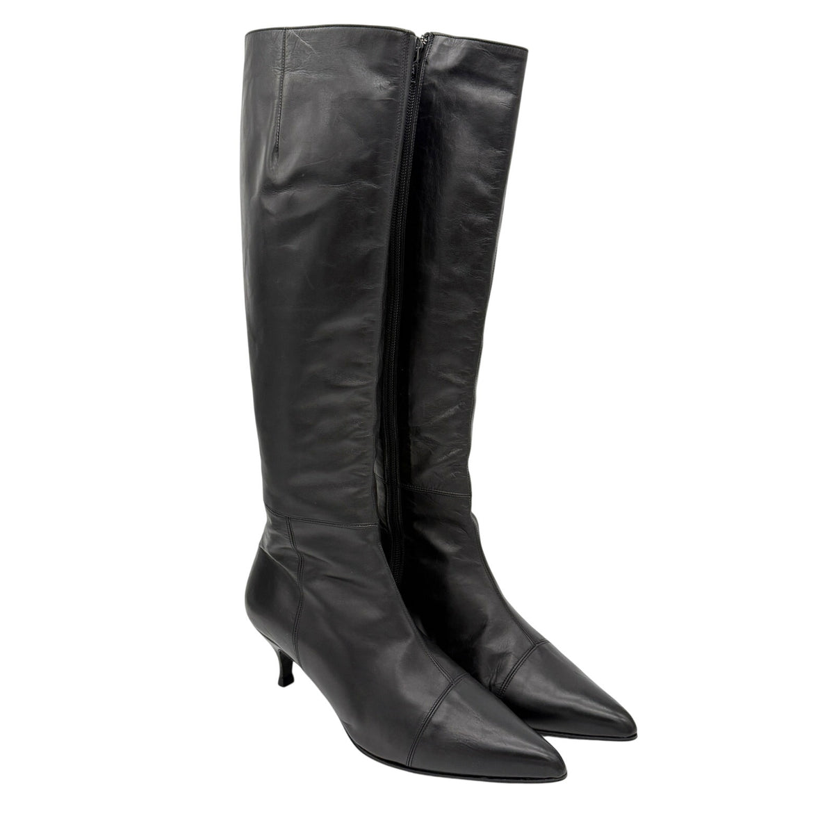 Rena Lange Knee High Boots Leather Pointed Toe Size 6.5 Black Made in Italy