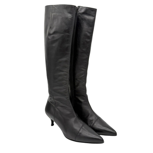 Rena Lange Knee High Boots Leather Pointed Toe Size 6.5 Black Made in Italy