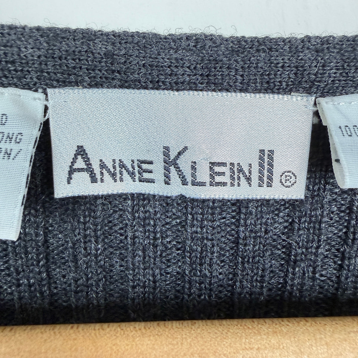 Vintage Anne Klein II 100% Wool Sweater Dress Gray Ribbed Midi L 90s Minimal