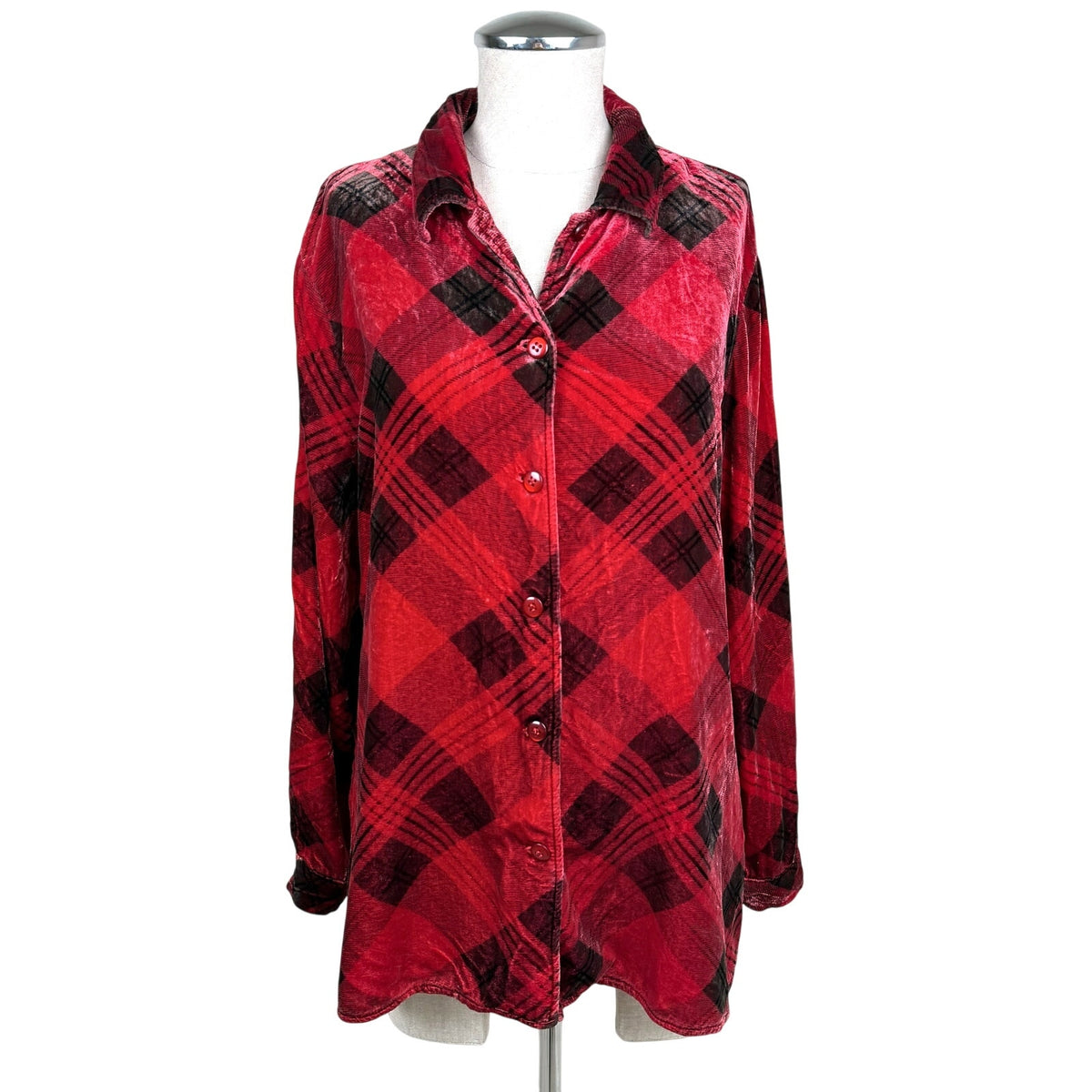 Vintage Coldwater Creek Velvet Plaid Shirt Rayon Silk Blend Size 0 Red Black 90s
