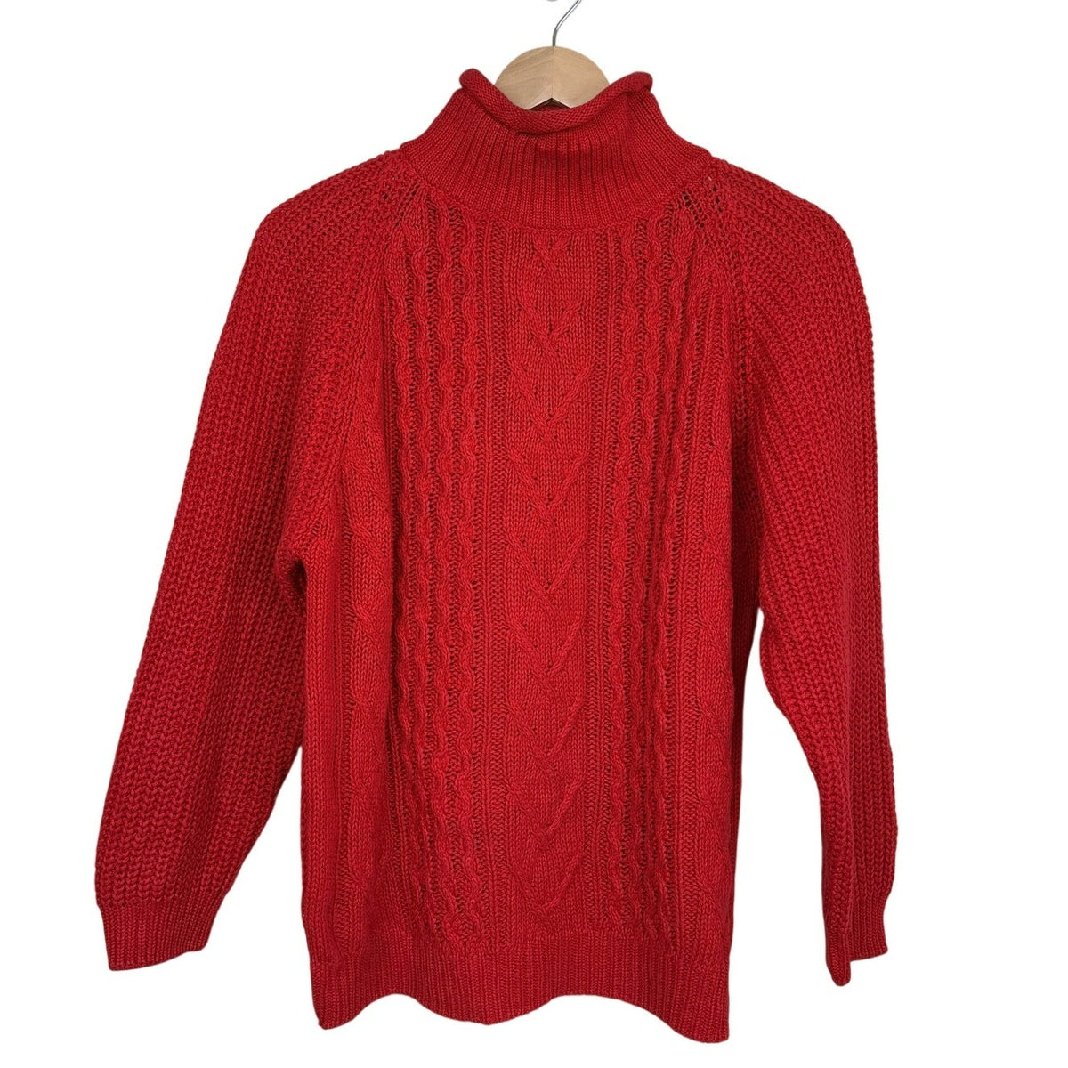 Vintage Hunters Run Turtleneck Sweater Ramie Cotton Fisherman Cable Knit Red L