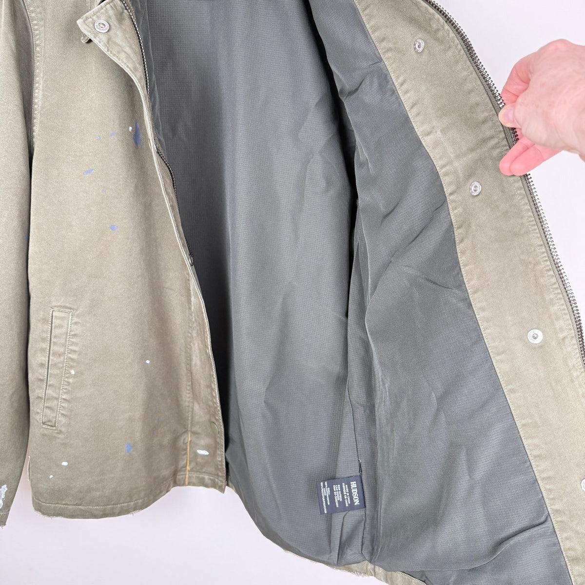 Hudson Military Jacket Distressed Paint Army Olive Workwear Regular Fit SM