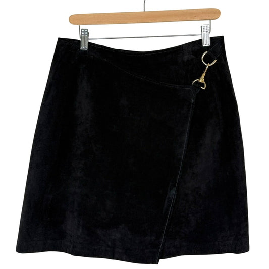 Vintage 90s Black Suede Leather Wrap Mini Skirt Gold Hardware Erez Levy