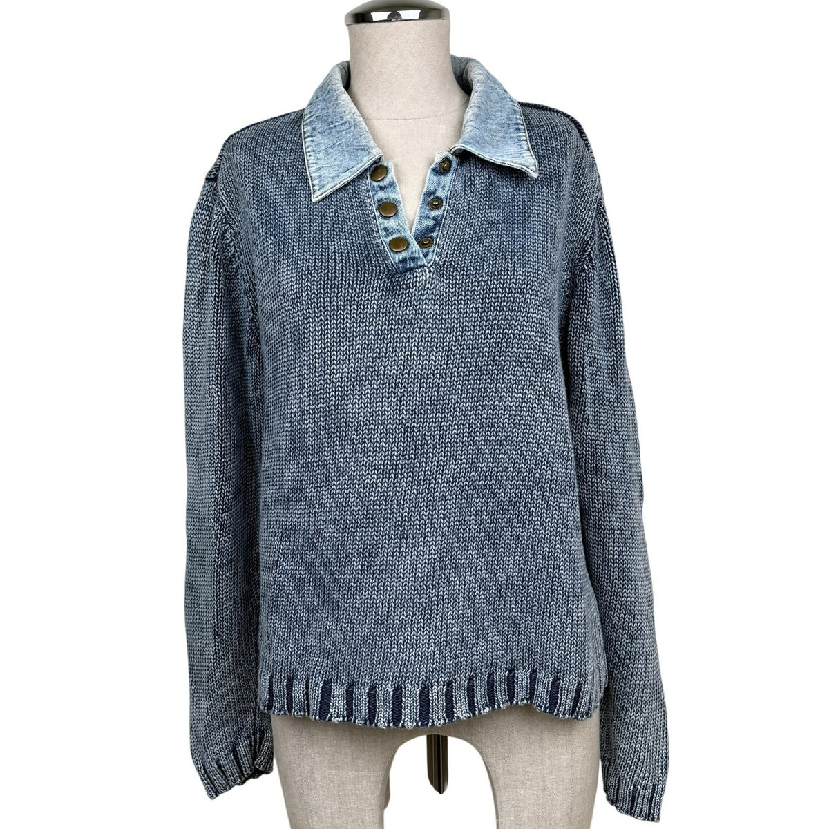 PBJ Blues Sweater Ramie Cotton Blue Jean Denim Collar Cropped L Vintage 80s 90s