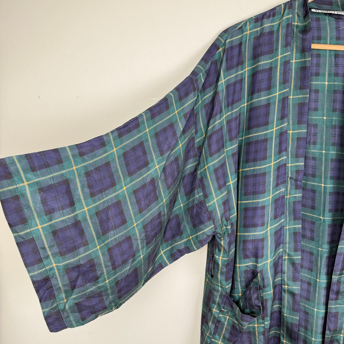 Vintage 100% Silk Tartan Plaid Kimono Robe Green Blue One Size 90s Sleepwear