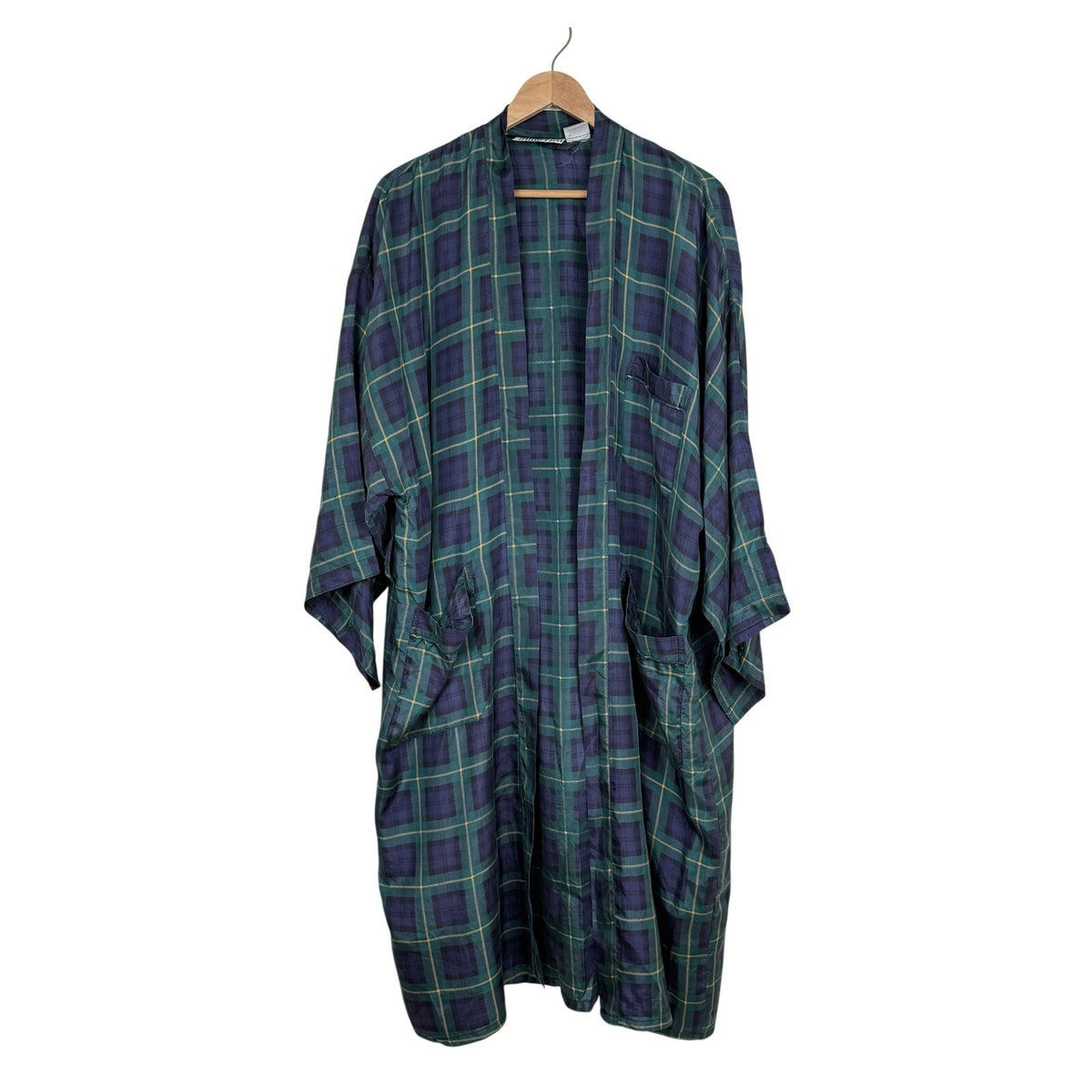 Vintage 100% Silk Tartan Plaid Kimono Robe Green Blue One Size 90s Sleepwear
