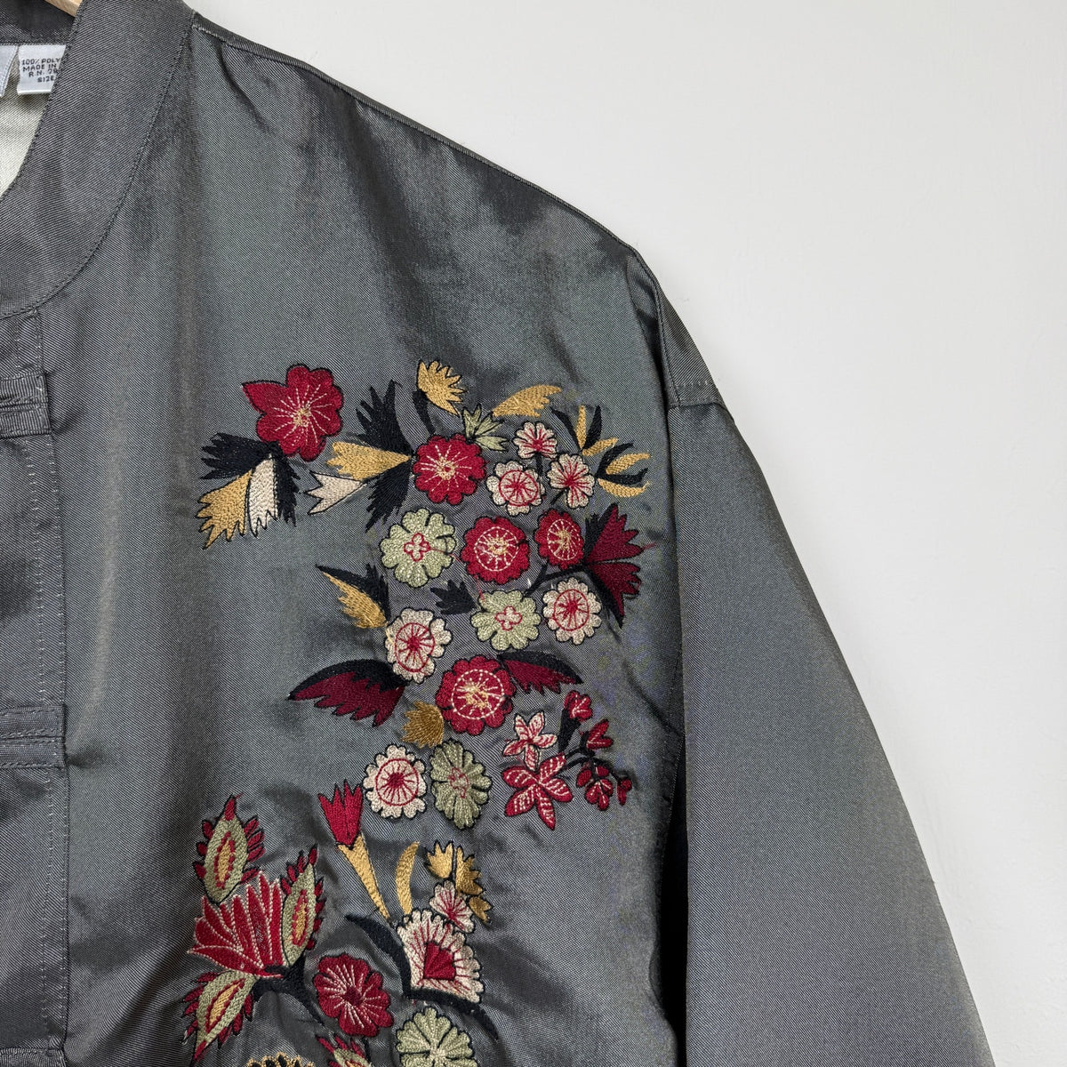 Vintage Chico's Design Embroidered Asian Inspired Jacket Gray Mandarin Collar