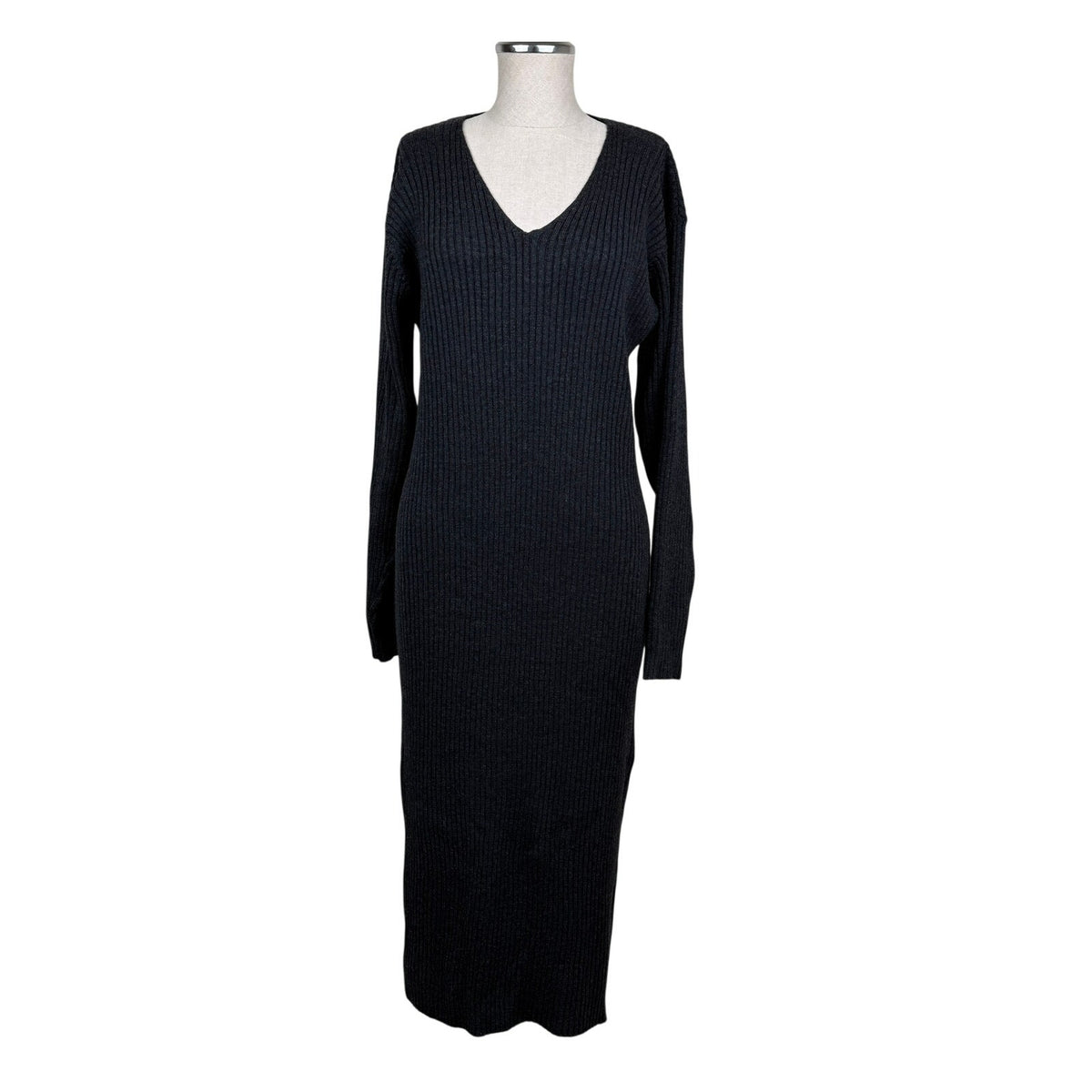 Vintage Anne Klein II 100% Wool Sweater Dress Gray Ribbed Midi L 90s Minimal