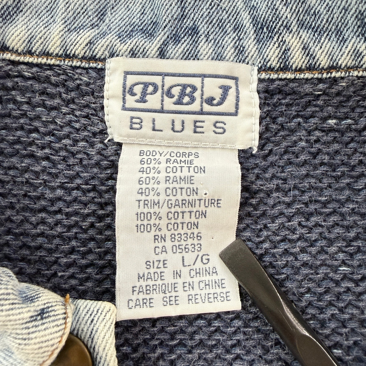 PBJ Blues Sweater Ramie Cotton Blue Jean Denim Collar Cropped L Vintage 80s 90s