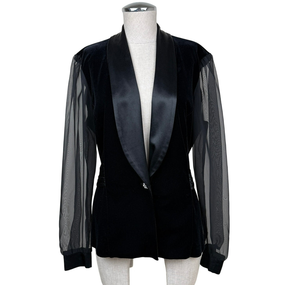 Vintage Tuxedo Blazer Black Blouse Sheer Sleeves Size L Made USA Another Thyme