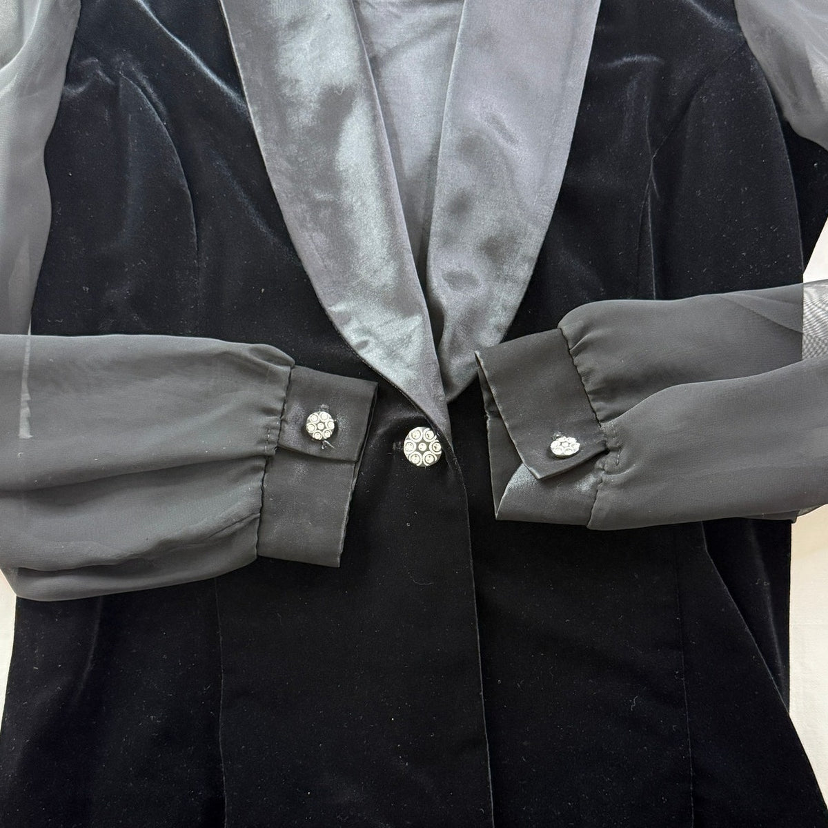 Vintage Tuxedo Blazer Black Blouse Sheer Sleeves Size L Made USA Another Thyme